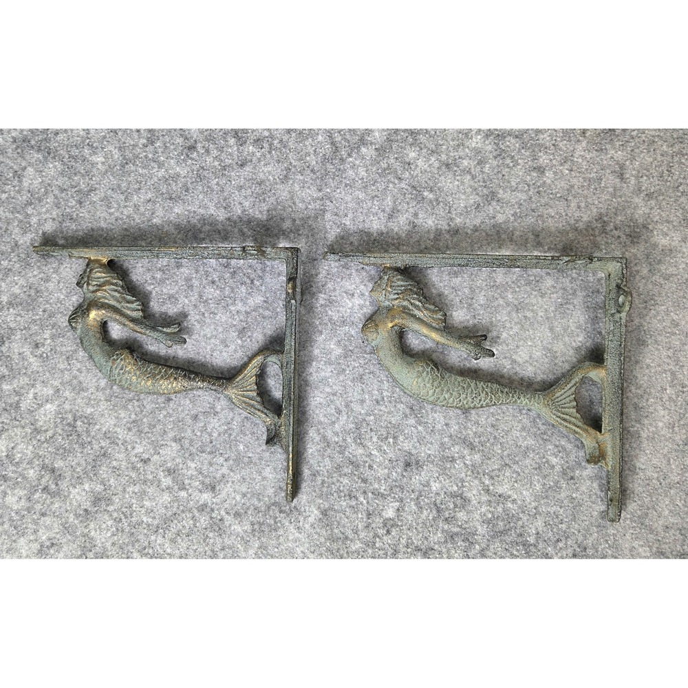 Cast Iron Mermaid Shelf Brackets Verdigris Patina Coastal Set of 2 8x6-3/4 in